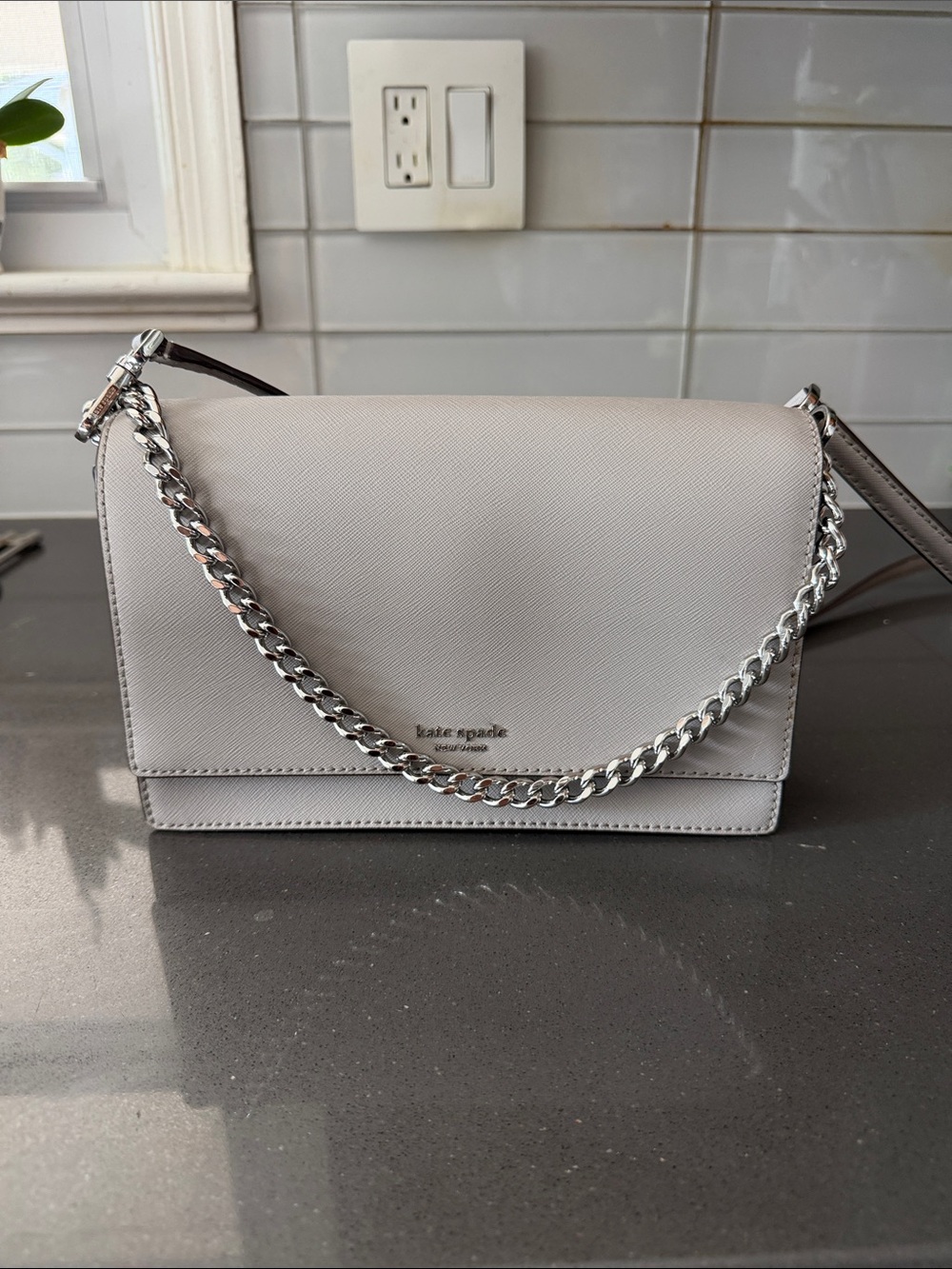 kate spade Light Gray Pebbled Leather Crossbody with Silver Chain